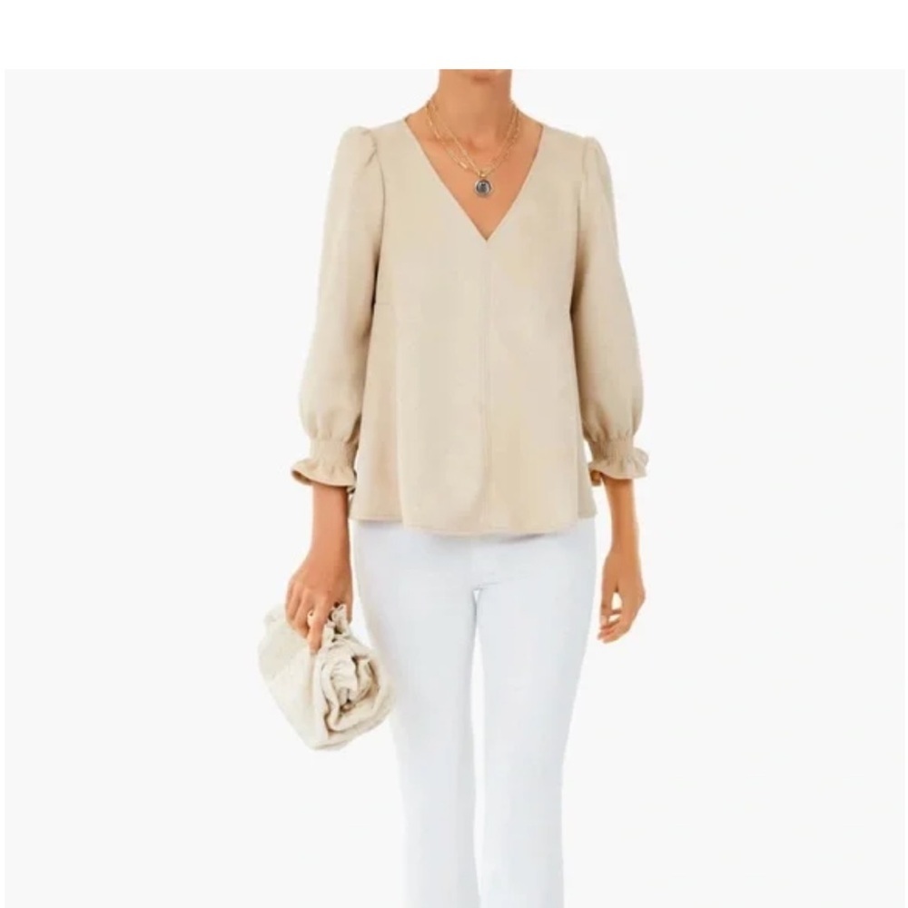 Tuckernuck Easton V-Neck Ruffles 3/4 Sleeve Top Shirt Suede Top Shirt Blouse M - Picture 8 of 15